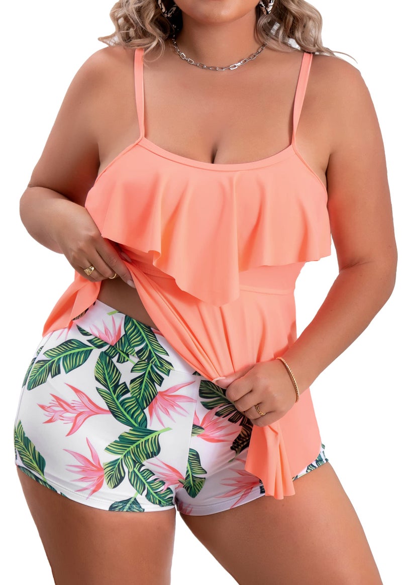 B2prity Women Plus Size Tankini Swimsuits Tummy Control Two Piece Bathing Suit Ruffled Flounce Swimwear with Shorts - Image 1